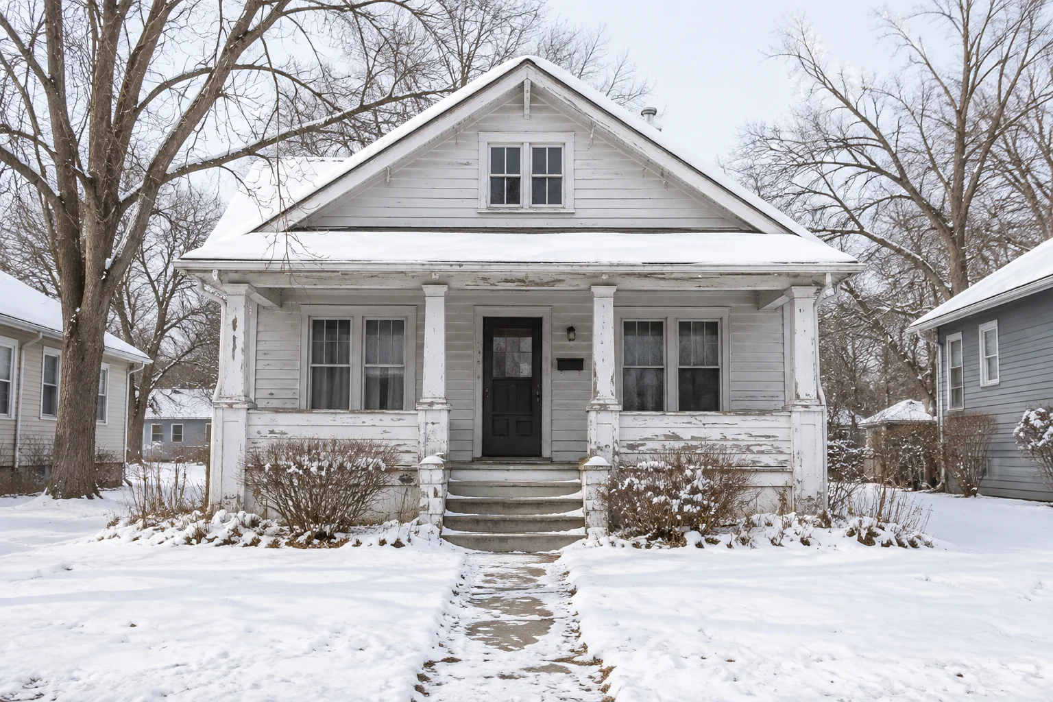 Older bungalow with a snowy yard and bare winter trees